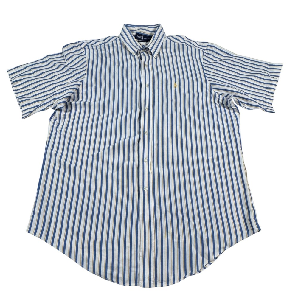 Ralph Lauren Button Down Shirt Mens XL White Blue Yellow Striped Short Sleeve